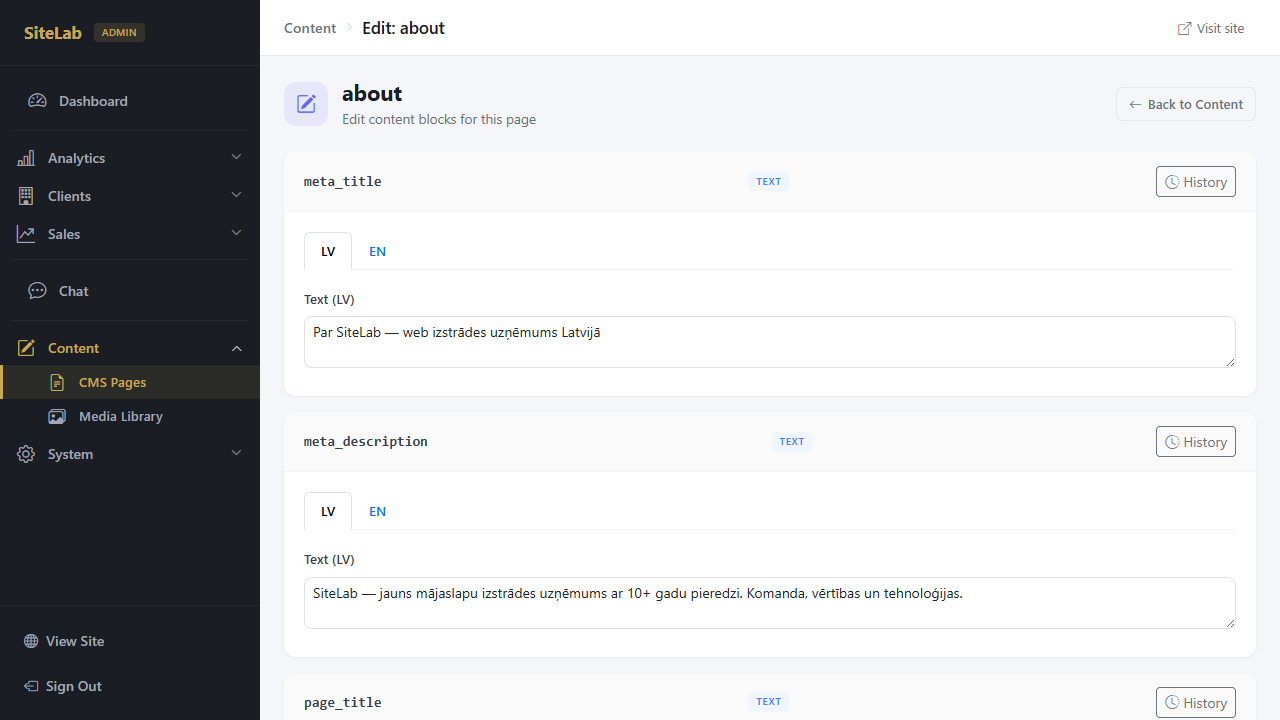 Admin panel — content editor